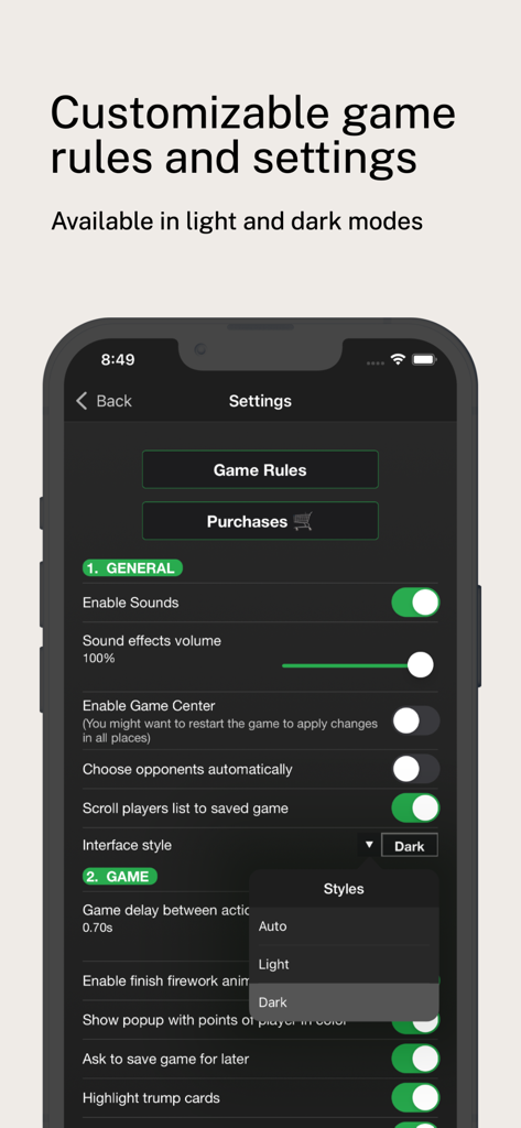Settings screen for Game1000 card game showing customizable rules and light or dark mode options