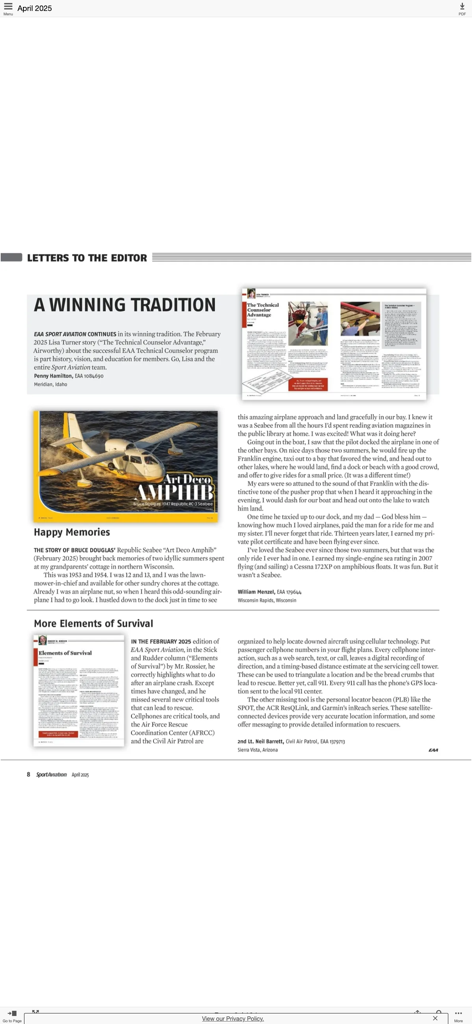 Digital view of EAA Sport Aviation Magazine displaying the Letters to the Editor section and aircraft stories