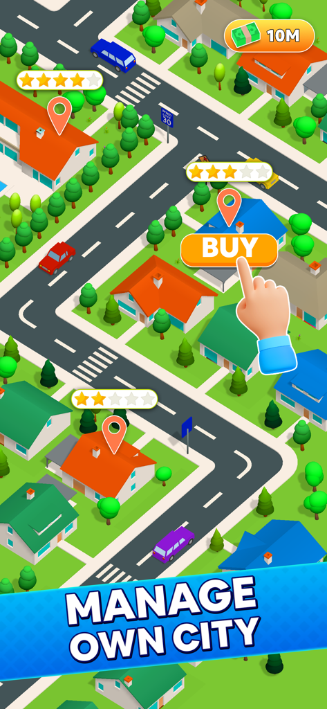 Be My Guest Landlord Sim 게임의 스크린샷으로, 손이 파란 집의 구매 버튼을 클릭하는 도시 지역의 상단 시점 뷰를 보여줍니다.