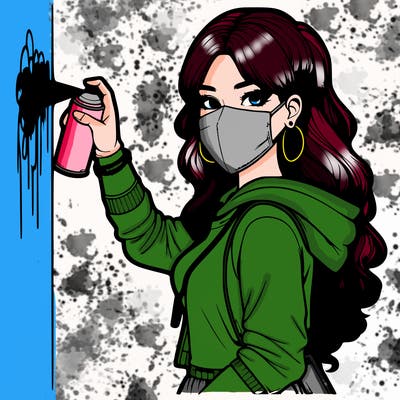 realistic girl with mask spray painting a wall