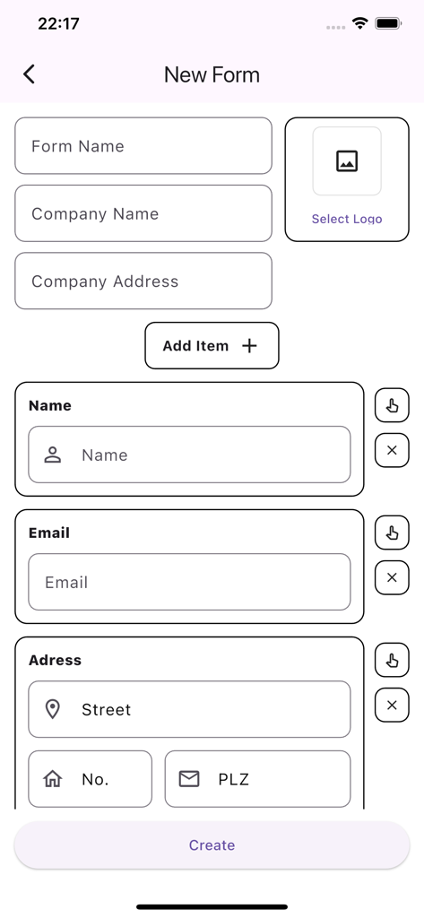 会社ブランディングと連絡先情報フィールドを使用した新しいカスタムフォームテンプレートの構築インターフェース