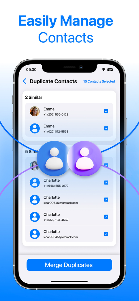 Cleanout app screen showing the duplicate contacts management feature with a button to merge duplicates