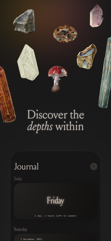 Interface de l'application Desté affichant une section d'entrée de journal avec des illustrations esthétiques de cristaux et du texte méditatif