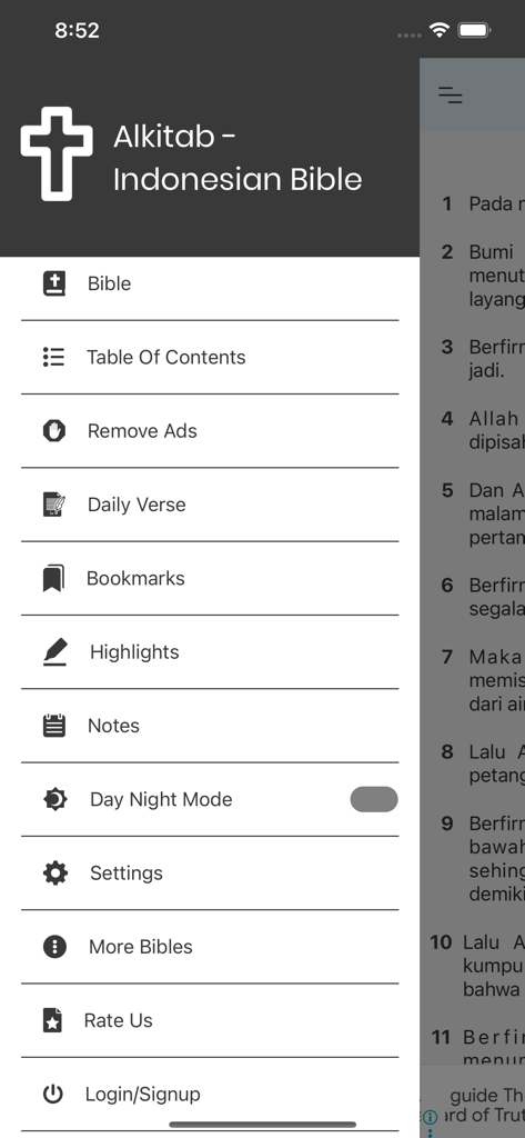 Alkitab Indonesian Bible - Side menu of the Alkitab Indonesian Bible app showing features like Daily Verse Bookmarks and Highlights