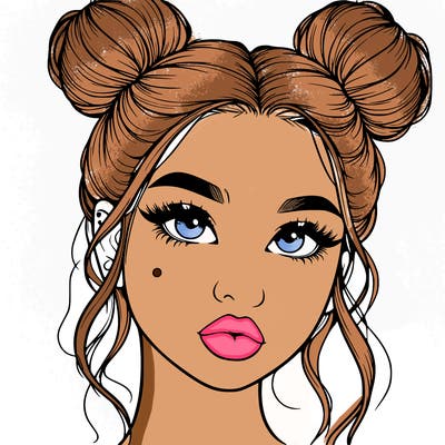 realistic girl with two buns on her hair and lips