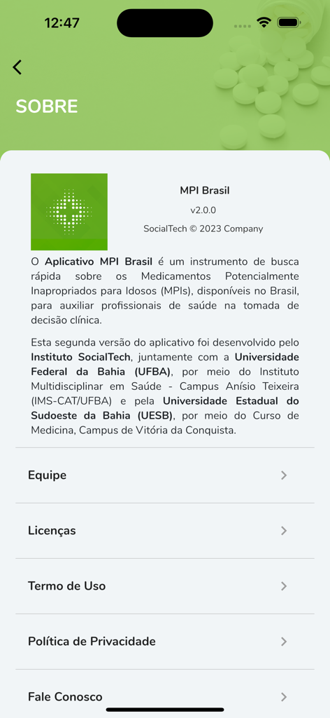MPI Brasil - La pantalla 'Acerca de' de la aplicación móvil MPI Brasil que muestra información sobre su desarrollo científico y socios institucionales.