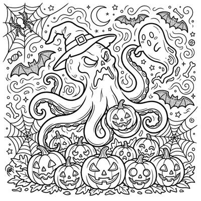 Get ready for a unique Halloween treat with this Mimic Octopus coloring page, featuring a witch-hatted octopus amidst a bustling scene of jack-o'-lanterns and friendly ghosts. It's the perfect blend of marine mystery and spooky celebration, inviting colorists of all ages to unleash their creativity.