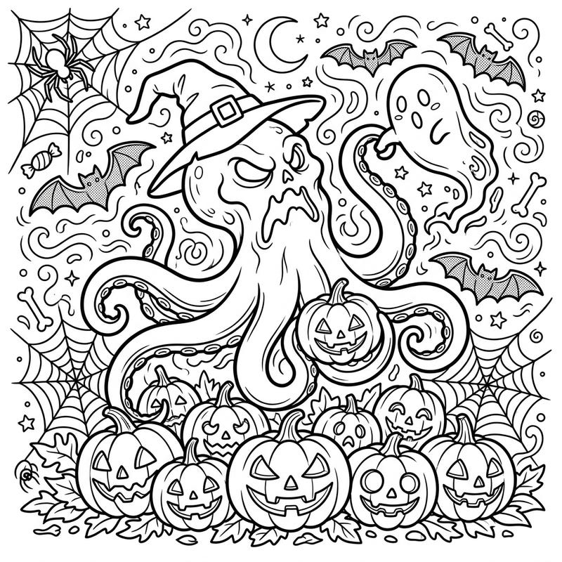 Get ready for a unique Halloween treat with this Mimic Octopus coloring page, featuring a witch-hatted octopus amidst a bustling scene of jack-o'-lanterns and friendly ghosts. It's the perfect blend of marine mystery and spooky celebration, inviting colorists of all ages to unleash their creativity.