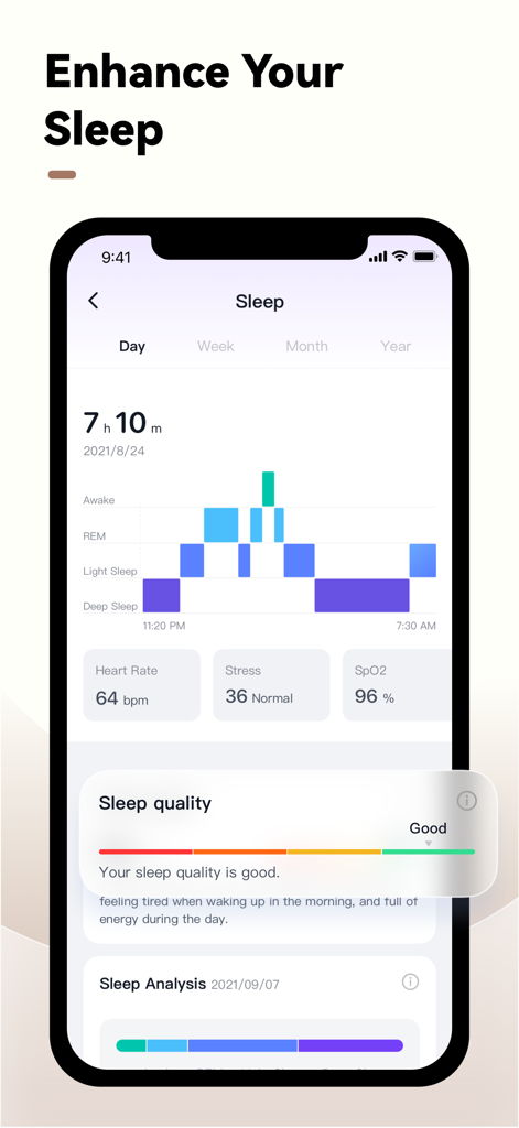 Fany fit - Panel de seguimiento del sueño en la aplicación Fany fit mostrando etapas del sueño, frecuencia cardíaca y puntuación de calidad del sueño