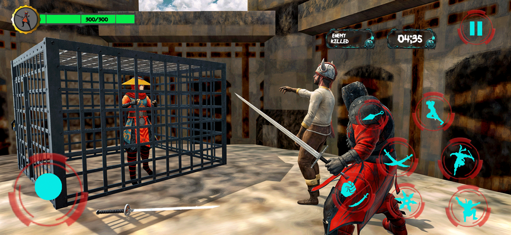 Shadow Ninja: Stealth Assassin - A ninja warrior in a red and black suit prepares to attack an enemy in a 3D action game environment