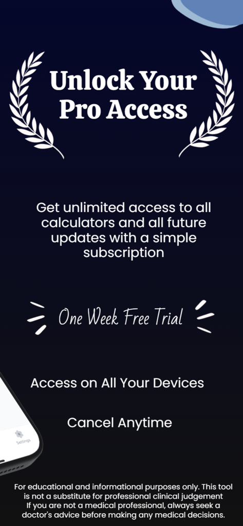 Pro access subscription screen for Radiology Calculators app featuring a one week free trial and unlimited access to medical imaging tools