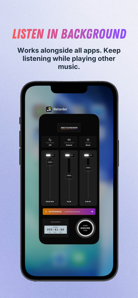 Retarder: Bus sounds - Interfaz de la aplicación Retarder: Sonidos de autobús en iPhone que muestra la función de reproducción en segundo plano y los controles deslizantes de sonido para el motor, el ventilador y la lluvia.