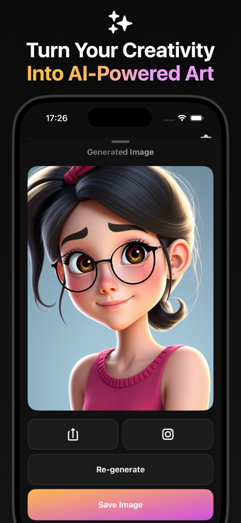 A 3D character portrait of a girl with glasses generated by the PixLab AI Image Editor app