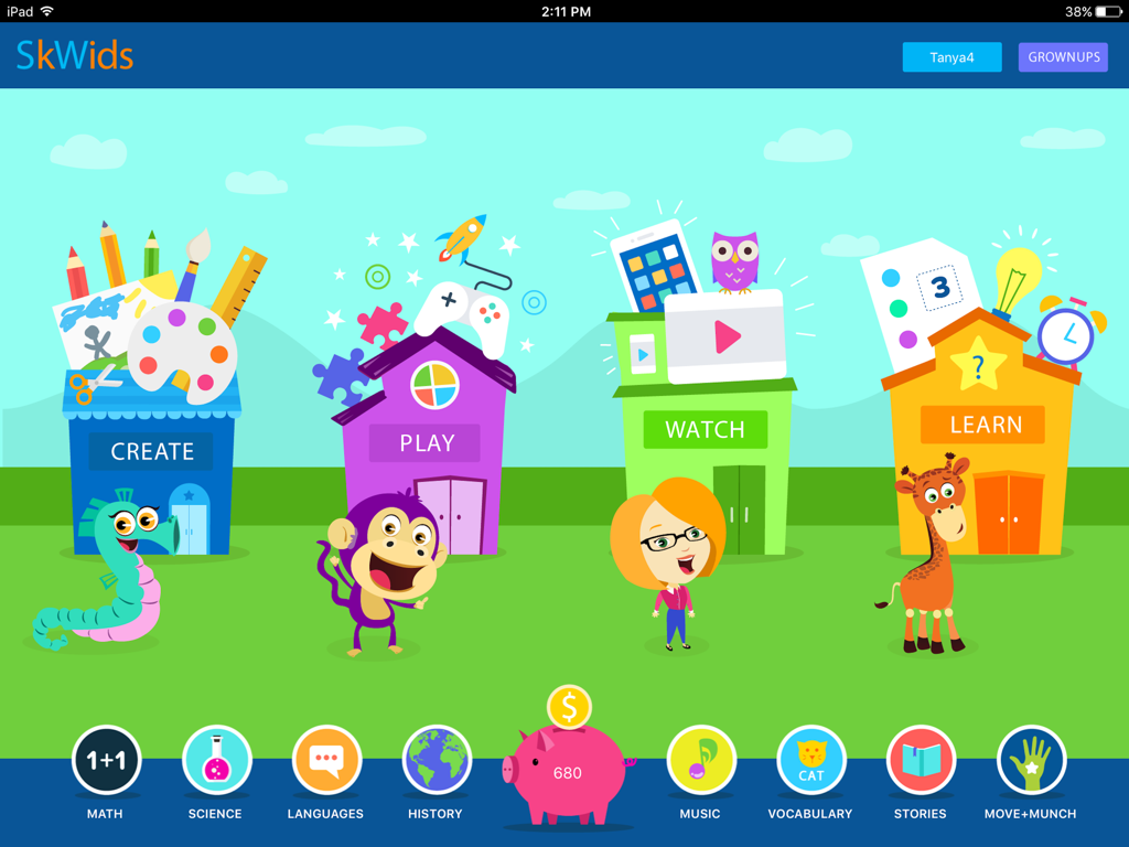 Skwids HD - Home screen of Skwids HD educational app for children featuring cartoon characters and learning categories like create play watch and learn