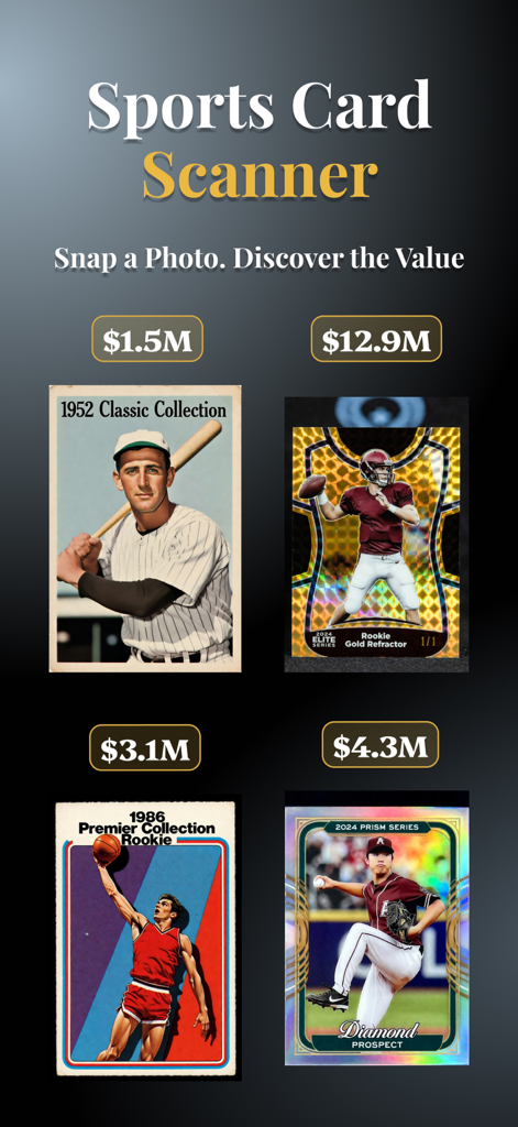 Cardex: Sports Card Scanner - Screenshot of Cardex app displaying high-value sports cards with their estimated market prices