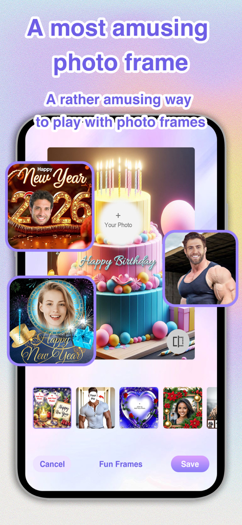 Photo Maker：Frame,Filter,Lock - Interface of the Photo Maker app showing a variety of creative and amusing photo frame templates