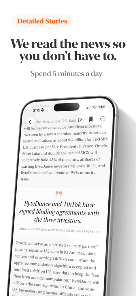 A smartphone displaying a detailed news summary about TikTok in the 1440 Minutes Quill Newsletter app interface.