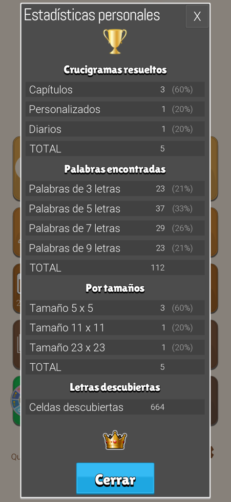 Pantalla de estadísticas personales que muestra el progreso de los crucigramas y los recuentos de palabras resueltas en español