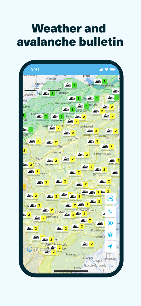 Whympr | Ski, Hike, Climb - Whympr app interface showing a topographical map with mountain avalanche risk levels and weather bulletins