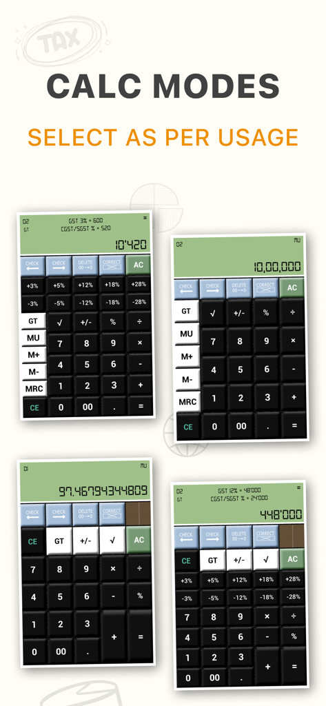 A display of four different calculator interface layouts and modes available in the Citizen Calculator app