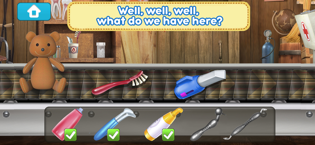 Masha and the Bear Dentist - Selecting dental tools from a conveyor belt in the Masha and the Bear Dentist app