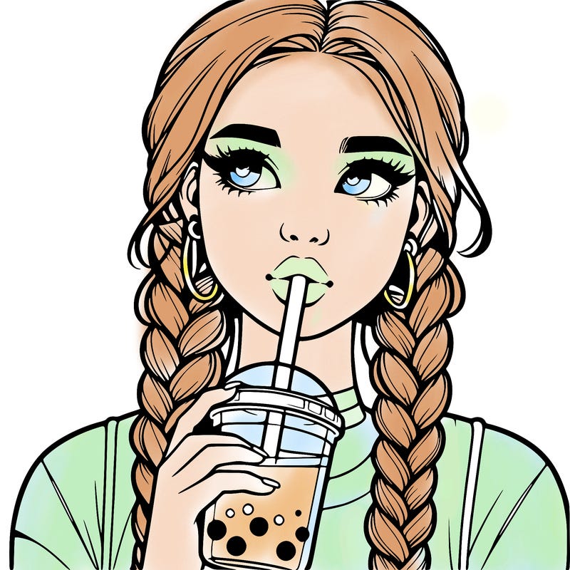 realistic girl with braided hair drinking boba