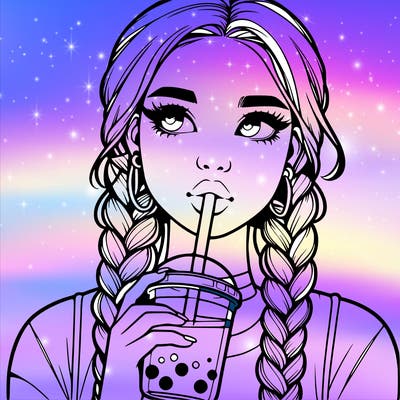 realistic girl with braided hair drinking boba