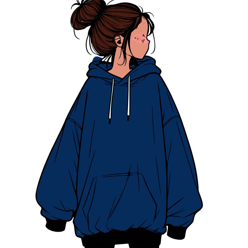 realistic girl with a oversized sweatshirt on and a bun
