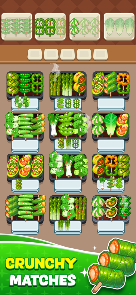 Skewer Jam: Food Games - Gameplay screenshot of Skewer Jam showing vegetable skewers on grills and a sorting board with the text Crunchy Matches