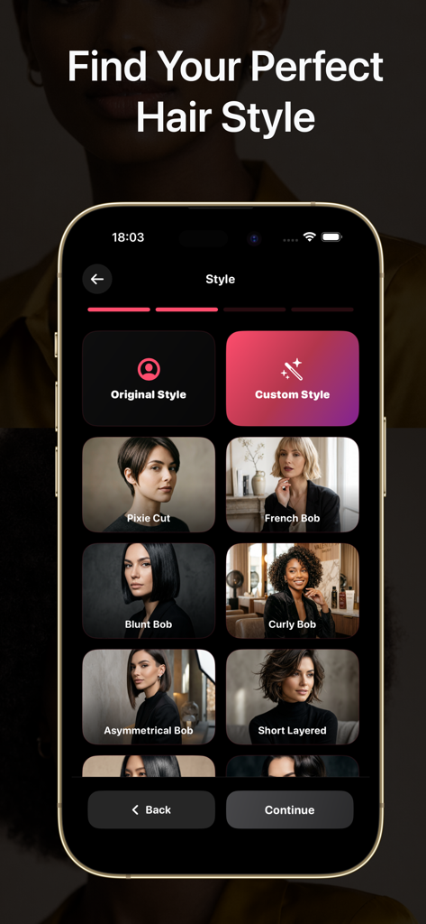 AI Hairstyle - Hair Color - App interface for selecting various hairstyles like Pixie Cut and French Bob.