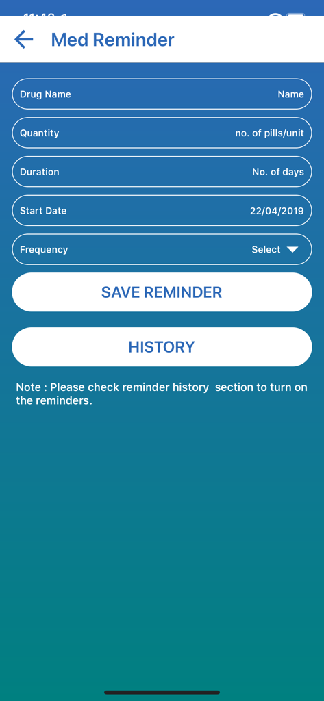 Medication reminder screen in the Alkoot Global Care app showing fields for drug name, quantity, duration, and frequency.