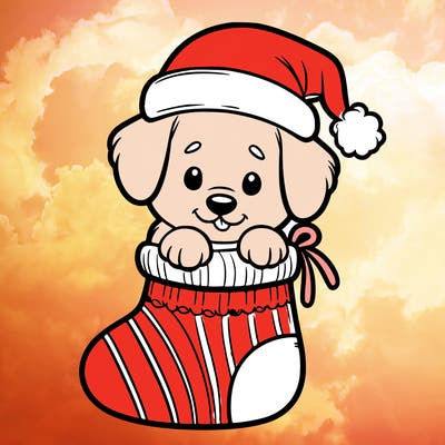 cute puppy wearing santa hat in socking