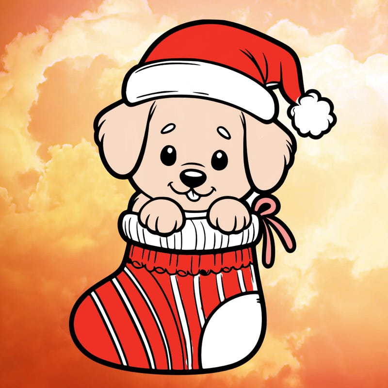 cute puppy wearing santa hat in socking