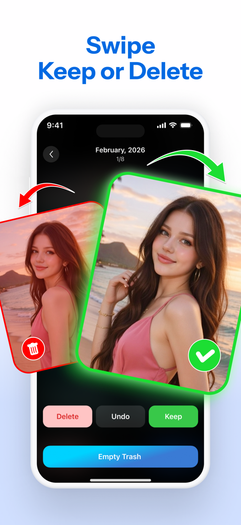 SmartClean AI: Storage Cleaner - SmartClean AI app interface showing the swipe feature to keep or delete photos for storage management