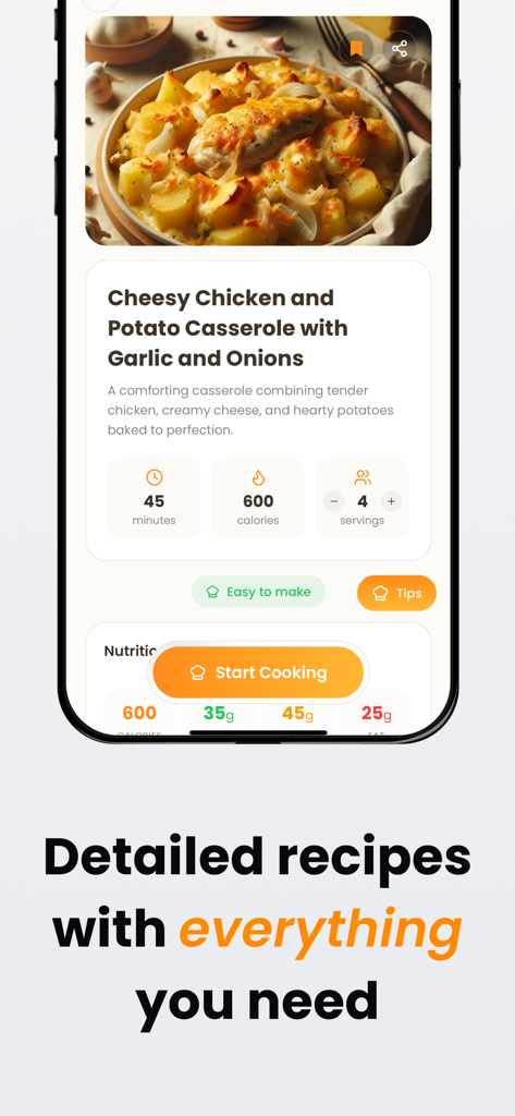 Compy: Smart Kitchen Companion - Pagina dettagliata della ricetta per una casseruola di pollo e patate che mostra i valori nutrizionali e il tempo di cottura nell'app Compy.