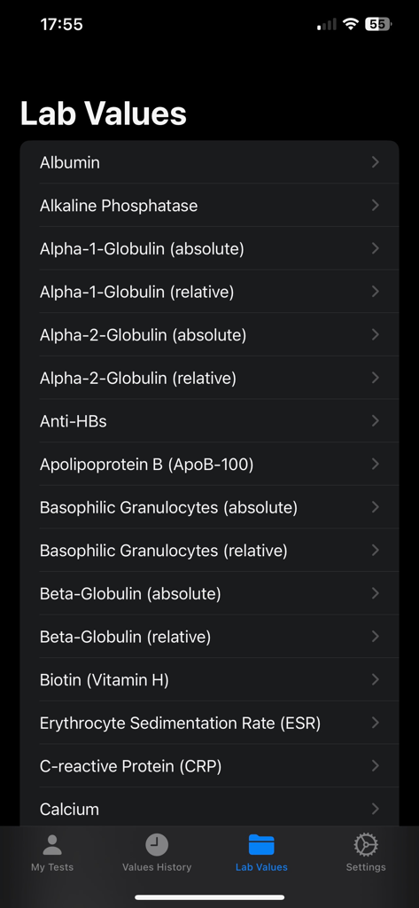 Mobile app screen showing a comprehensive list of blood test markers and laboratory values