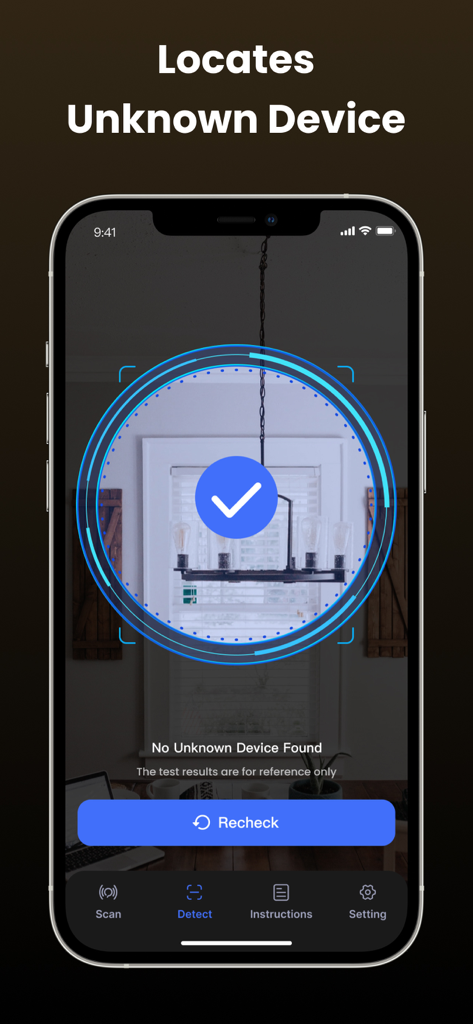 Glint Finder app interface showing a security scan for hidden devices in a room with no threats detected.