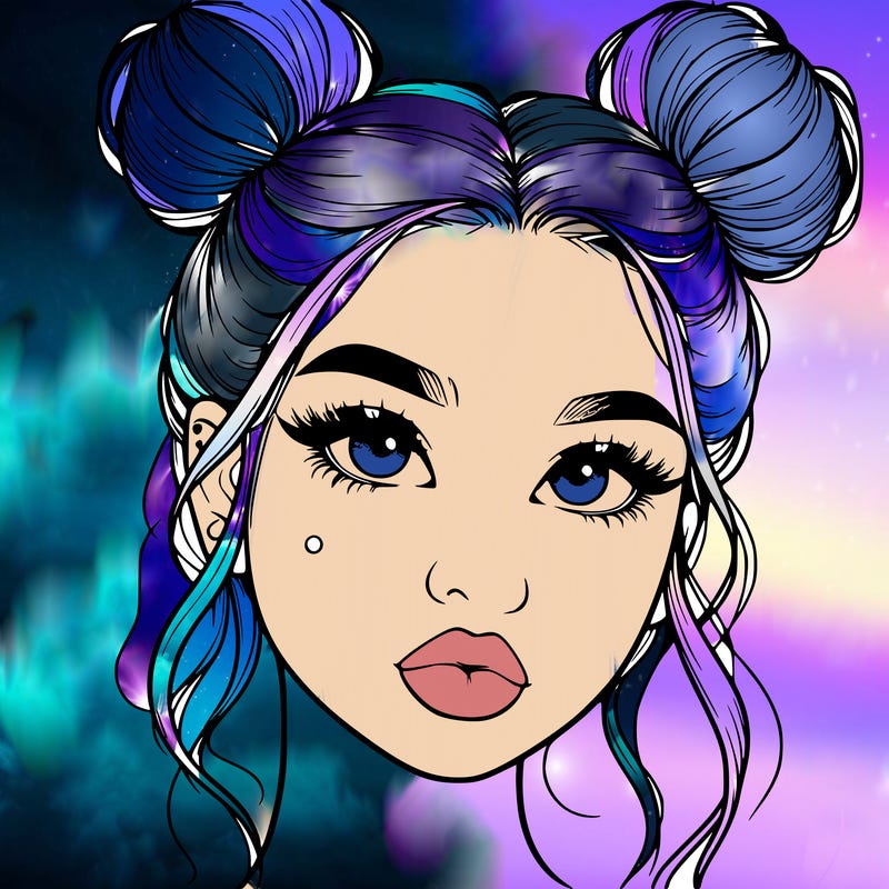 realistic girl with two buns on her hair and lips