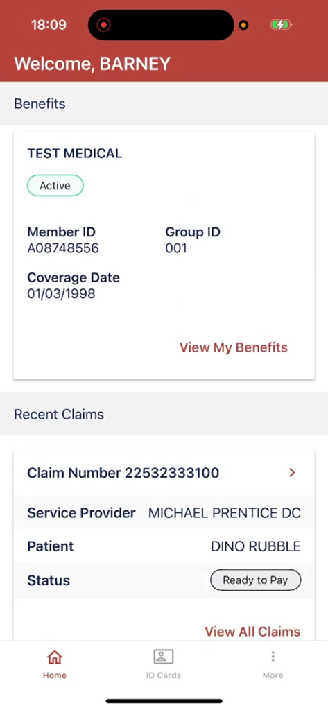 MyNova - MyNova mobile app dashboard showing member medical benefits and recent healthcare claims status