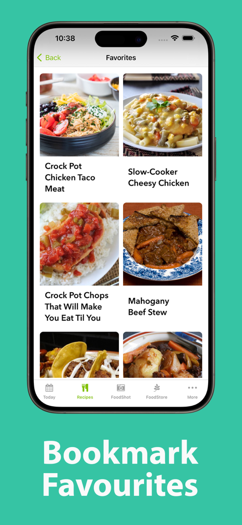 Weight Loss Recipe Book - A mobile screen showing the favorites section of the Weight Loss Recipe Book app with healthy slow cooker and beef stew recipes