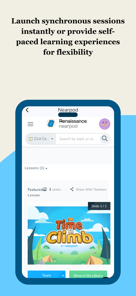 Nearpodモバイルアプリのインターフェース。「Time to Climb」ゲーミフィケーションアクティビティを特徴とする同期またはペース学習の開始オプションを表示