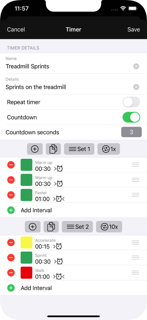 Intervals Timer - Settings screen for a HIIT treadmill workout in the Intervals Timer app showing custom sets and durations.