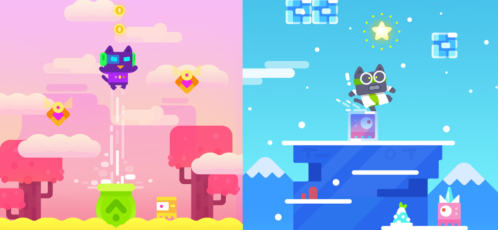 Super Phantom Cat 2 - Side-by-side gameplay scenes from Super Phantom Cat 2 showing colorful platforming levels and cat heroes