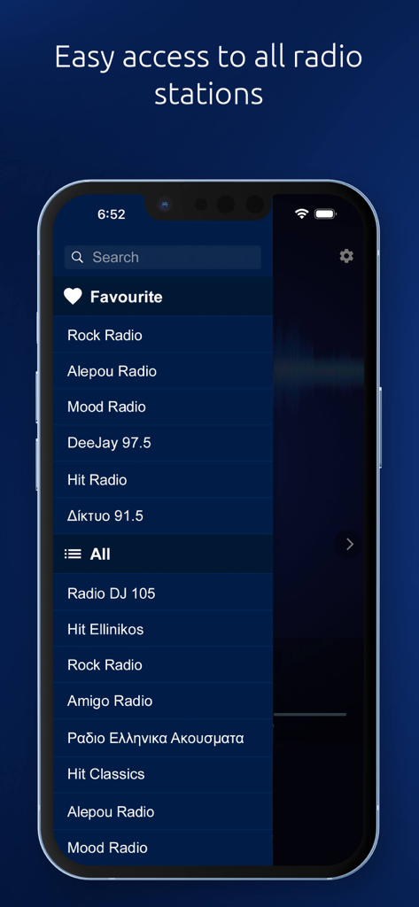 Smartphone screen displaying the GR Radio app with a list of favorite and all Greek radio stations
