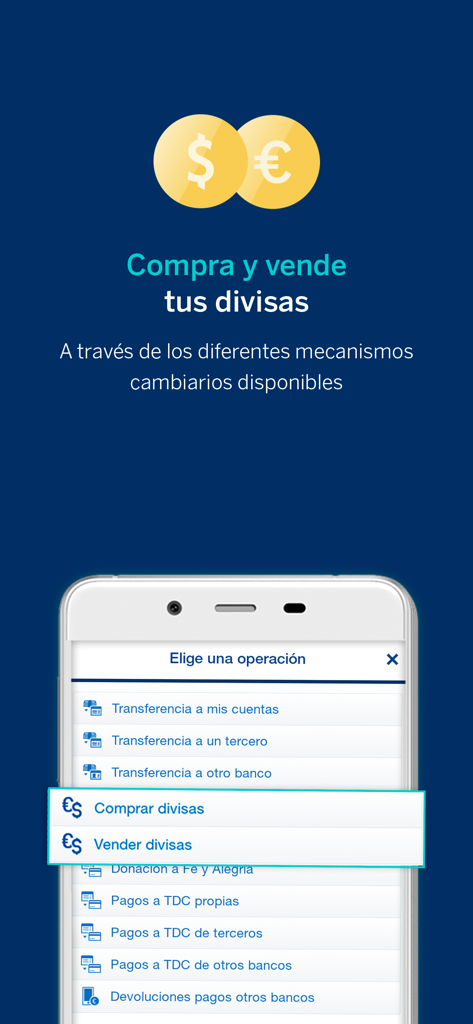 BBVA Provinet Móvil | VE - Capture d'écran de l'application BBVA Provinet affichant le menu de change pour l'achat et la vente de dollars et d'euros.