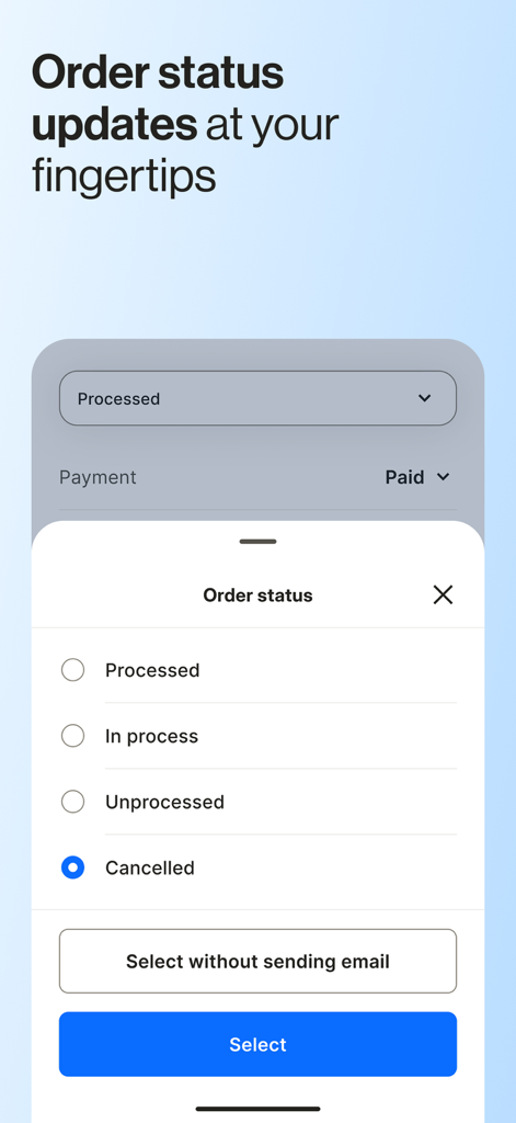 Shoptet - Interface of the Shoptet mobile app showing an order status selection menu for e-commerce management.