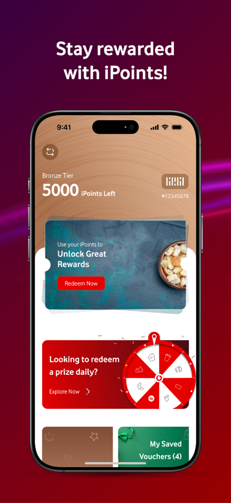 My Vodafone (Qatar) - My Vodafone Qatar app interface showing iPoints loyalty program and rewards