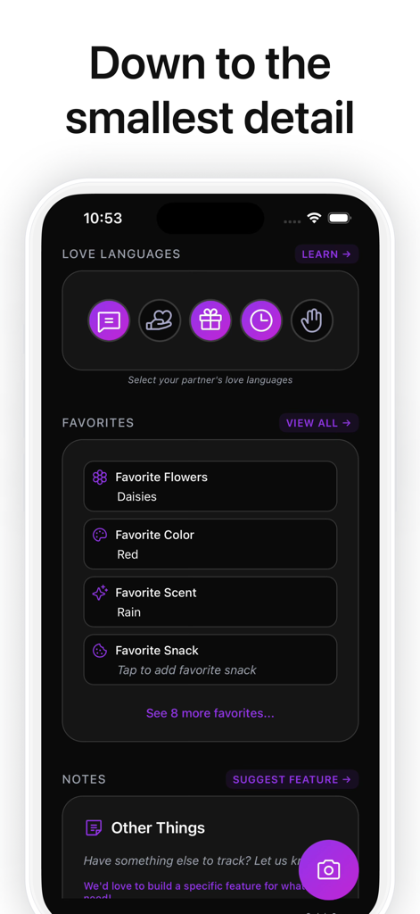 Hudson Relationship Assistant - Screenshot of the Hudson Relationship Assistant app interface displaying love languages and partner preferences such as favorite flowers and colors.