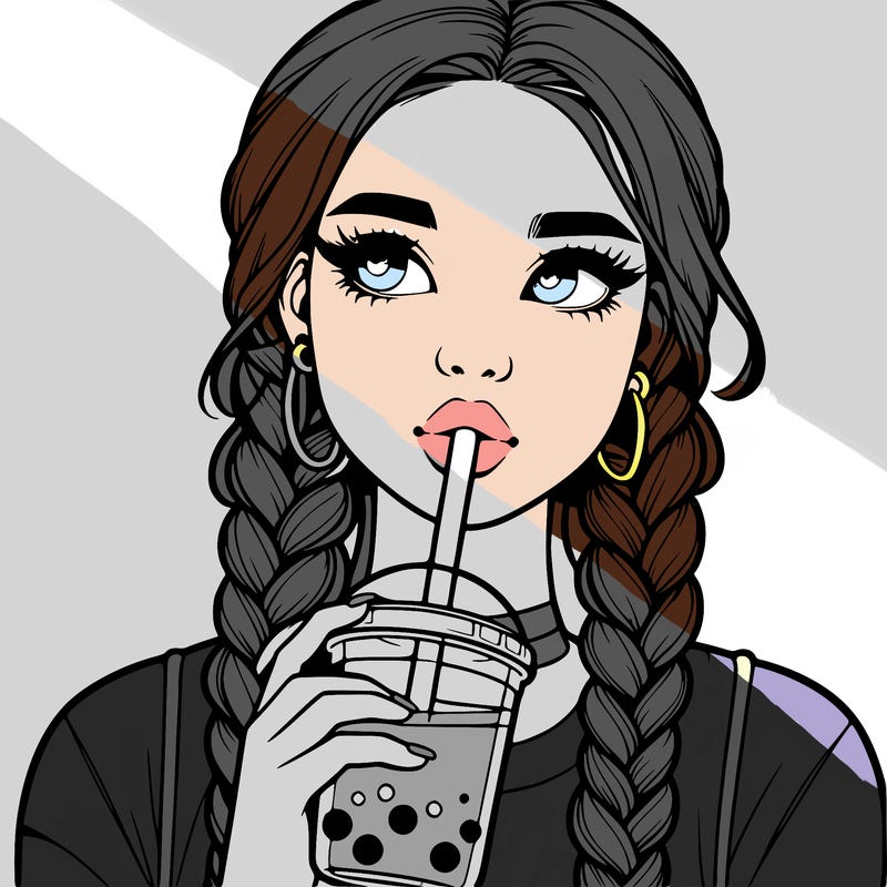 realistic girl with braided hair drinking boba