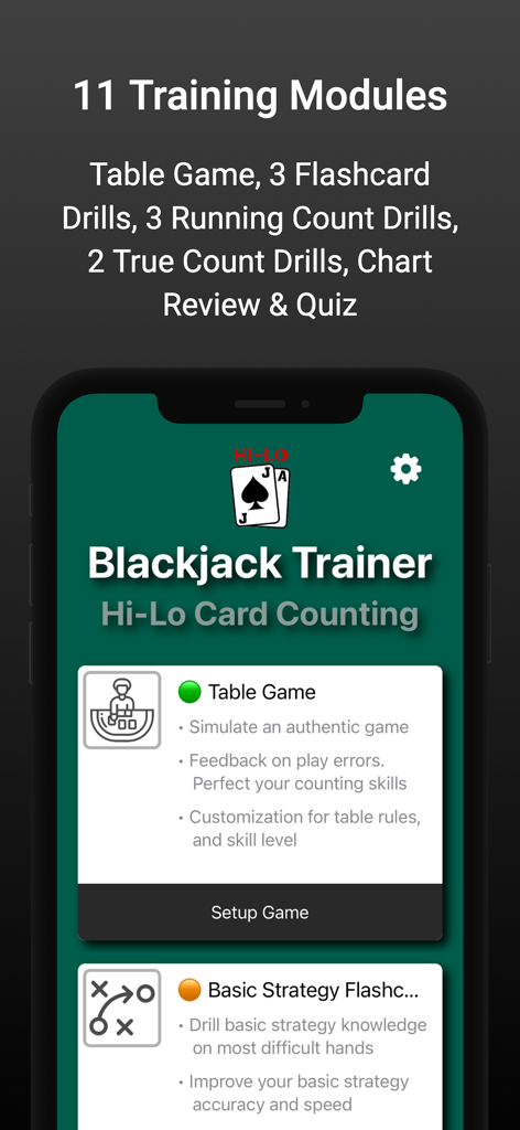 Blackjack Hi-Lo Card Counting - Blackjack trainer app menu showing various training modules including table games and card counting drills